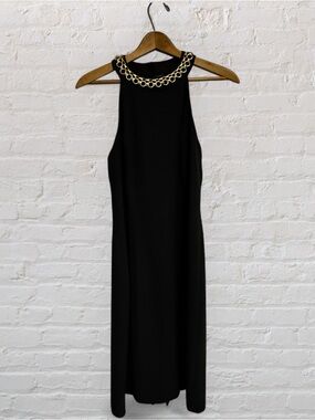 Vintage CDC 80s/90s Black Halter Mini Dress w/ Gold Chain Halter Neckline LBD